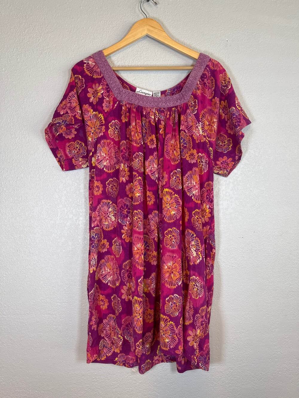Vintage Pink Purple Floral Kaftan Bright House Dress Mumu XL Pockets Cotton